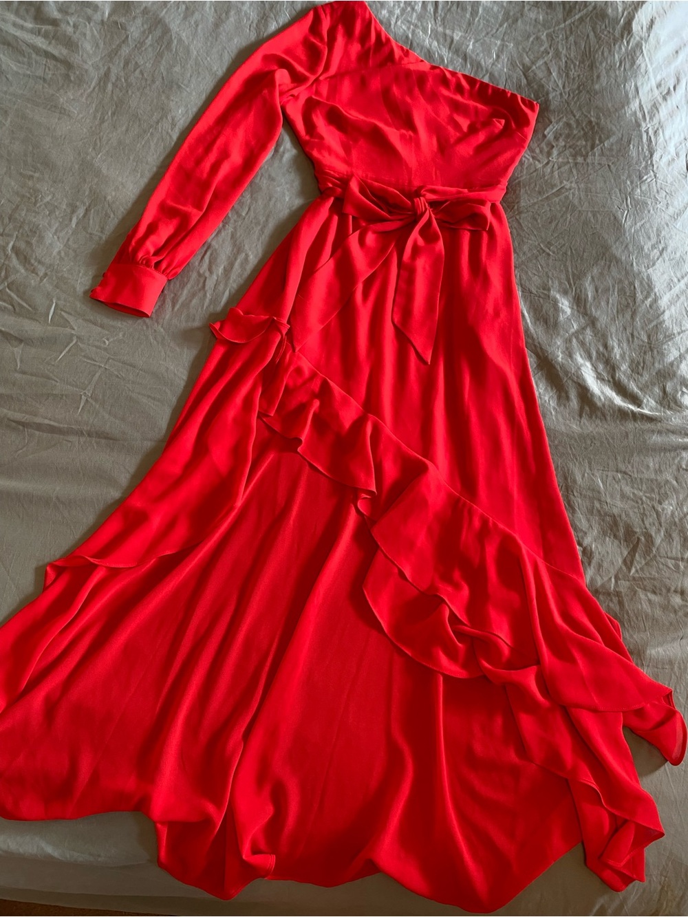 NWT Belle Badgley Mischka Bailey One Shoulder Ruffle Maxi Dress Red 4